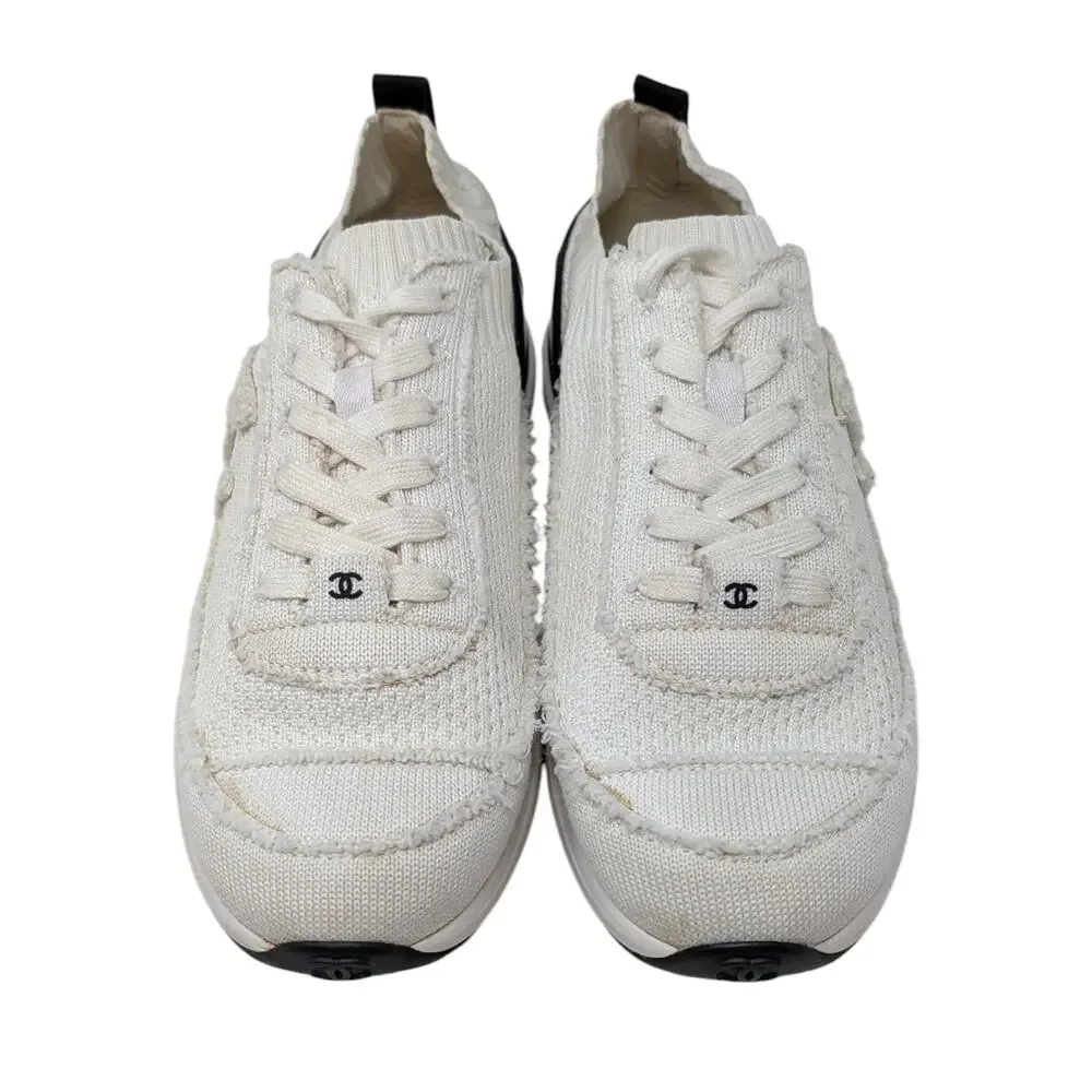 Chanel 2021 CC Logo Knit Sneakers Slip On White Black Athletic 39.5 | 9 | 8.5